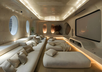 Minimalist home theater with modular seating, wall-mounted screen, and hidden speakers