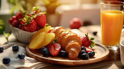 Close-up capture showcasing an artfully arranged continental breakfast, featuring vibrant fresh fruits, delectable pastries, and steaming cup of coffee