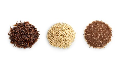 whole grains like quinoa, oats, barley, and bulgur, accentuating their health benefits, against an isolated background.