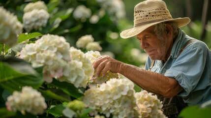 A man in a straw hat is tending to a field of white flowers - Powered by Adobe