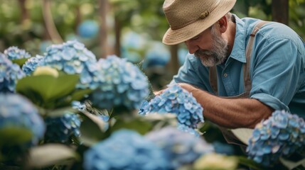 A man in a straw hat is tending to a field of blue flowers