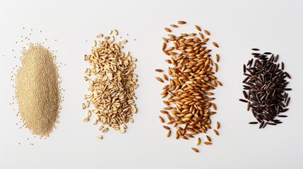 whole grains like quinoa, oats, barley, and bulgur, accentuating their health benefits, against an isolated background.