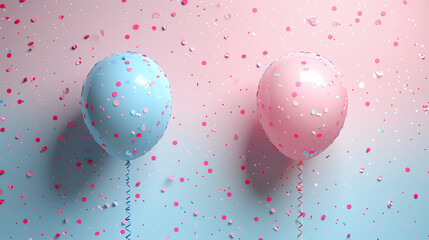 card decorated with pastel pink and blue baby shower balloons with confetti party with gifts and pink gift Love concept. Holiday celebration. Valentine's Day or wedding/bachelorette party decoration. 