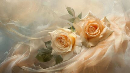 Obraz premium two roses delicately placed on antique material, with a shallow depth of field adding a sense of intimacy and focus.