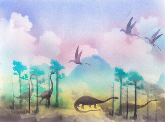 Blurred silhouettes of prehistoric jungle. Pterodacty is soar in the sky over the mountains and forest © SERHII