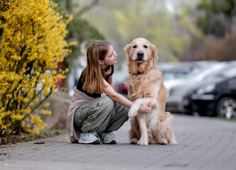 Girl Strolls Down Street With Golden Retriever In Spring