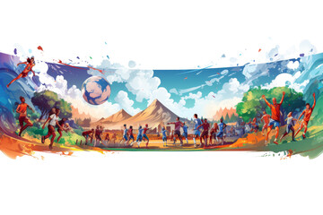A colorful painting of people playing soccer with a ball in the air. The painting is full of energy and excitement, with people running and jumping around. The sky is filled with clouds