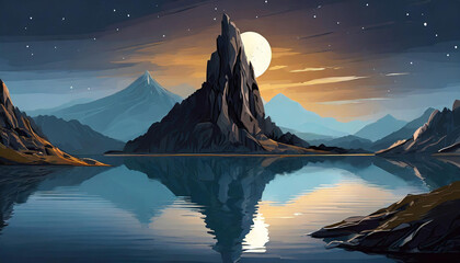 Rock mountain range with a large full moon is reflecting on the water. Serene and peaceful atmosphere