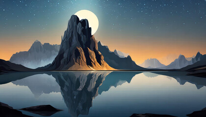 Rock mountain range with a large full moon is reflecting on the water. Serene and peaceful atmosphere