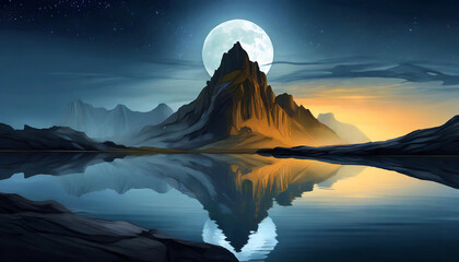 Rock mountain range with a large full moon is reflecting on the water. Serene and peaceful atmosphere