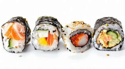 Four different sushi rolls isolated on white