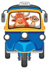Cartoon yak and meerkat enjoying a taxi ride