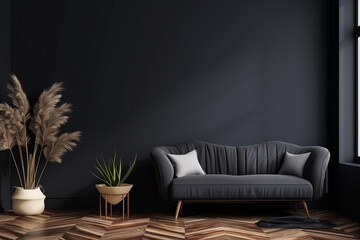 Home interior, luxury modern dark living room interior, black empty wall mock up