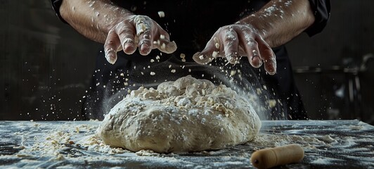 Preparation of dough by the hands of a chef for homemade bread with the addition of flour. On a dark background. 