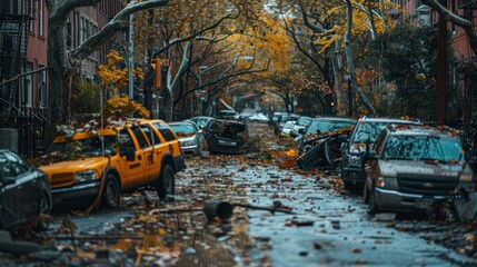 Obraz premium Vehicles overturned and tree branches were scattered on city roads.