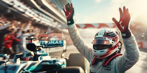 Fototapeta premium Close up of professional racing driver celebrate winning while putting in the air. Racing driver congratulate his success while standing at car competition and raising hand with happiness. AIG42.