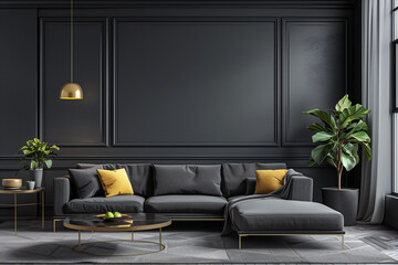 Home interior, luxury modern dark living room interior, black empty wall mock up