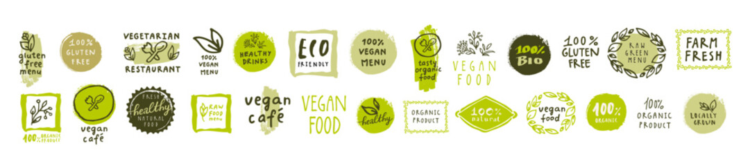 Organic food vector labels set. Fresh healthy food icons. 100% natural organic logo templates. Bio labels. Green vintage stickers, badges for restaurant menu or food package