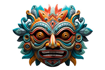 A colorful mask with a blue and orange face. The mask is very detailed and has a lot of different colors