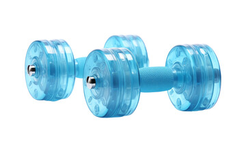 Obraz premium Two blue dumbbells with a silver handle. The dumbbells are made of plastic and are blue in color
