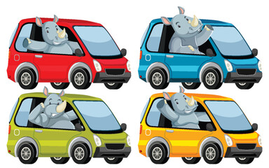 Naklejka premium Four elephants in various colored cars