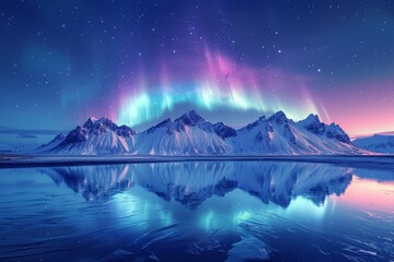 An ethereal display of pink and purple auroras dance above snow-laden mountains reflecting in the...