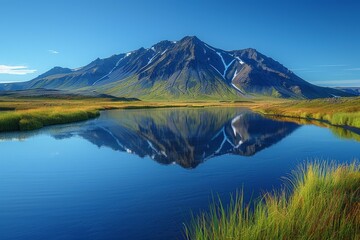 A vibrant green mountain range is reflected in the still waters of a lake against a clear blue sky - Powered by Adobe