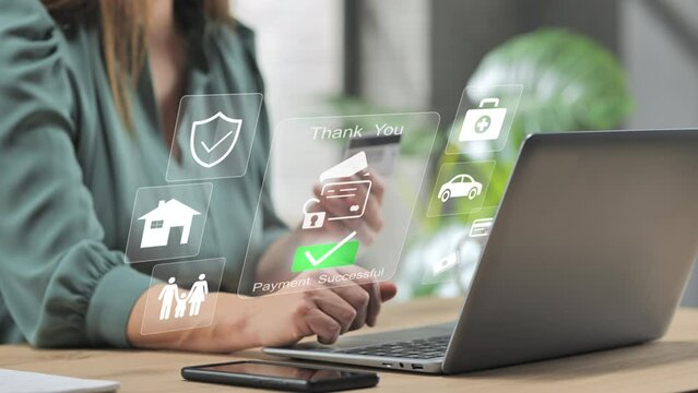 woman at computer makes online insurance policy payment,female at the laptop at home purchases family insurance,graphic illustration,secure transaction