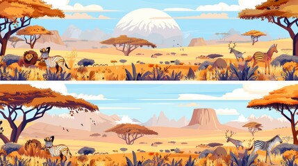Animal banners with zebra and lion in African savannah. Modern landing page of safari park with illustration of wild animals and savanna landscape.
