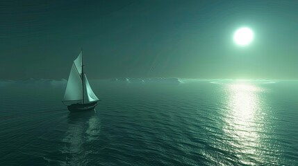 a boat with a white sail drifting in the vast sea under a twilight blue sky, enveloped in mist, with the moon casting a soft glow, in an aerial shot.