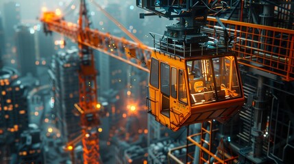 Detailed view of a mobile crane in a hyperrealistic future city, emphasizing advanced architectural design 8K , high-resolution, ultra HD,up32K HD
