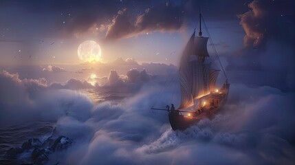 a boat with a white sail drifting in the vast sea under a twilight blue sky, enveloped in mist, with the moon casting a soft glow, in an aerial shot.