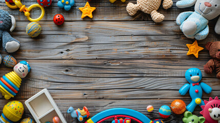Frame made of baby toys on wooden background