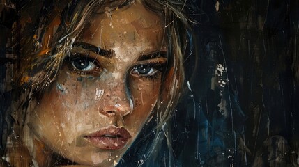 Art painting. Fragment of portrait of a girl r is made in a classic style. Background is dark.