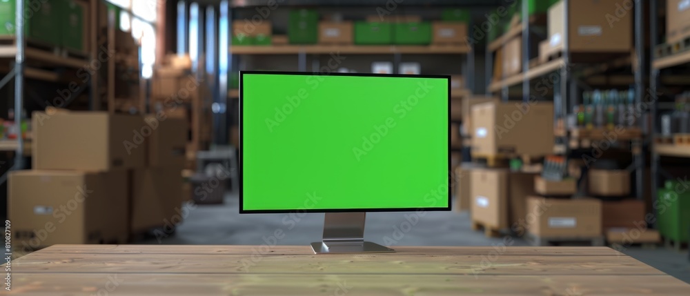 Poster Computer monitor sitting on a table with chromakey mockup display behind it. Small business warehouse in the background. Desk with cardboard boxes on it.