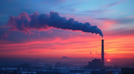 Silhouette of industrial chimney, sunset, smoke.