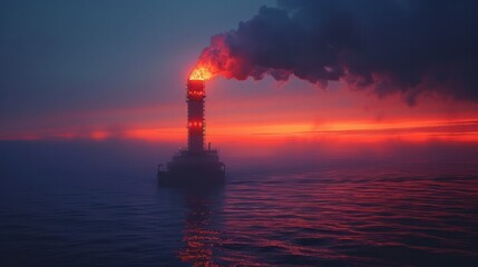 Fototapeta premium Silhouette of industrial chimney, sunset, smoke.