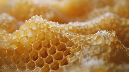 In this close-up view, honeycombs are prominently featured. The intricate hexagonal cells of the honeycomb structure are clearly visible, showcasing the natural architecture created by bees. 