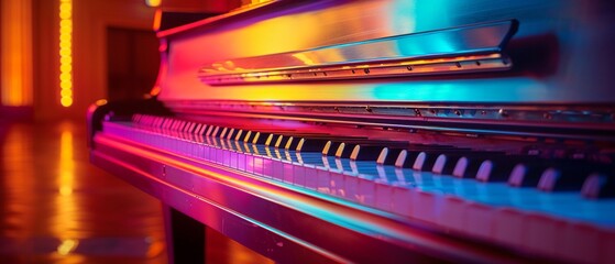 Closeup of a vibrant rainbow piano in a performance room, with music sheets scattered around 8K ,...
