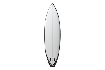 A white surfboard with a black stripe on the bottom. The board is long and narrow