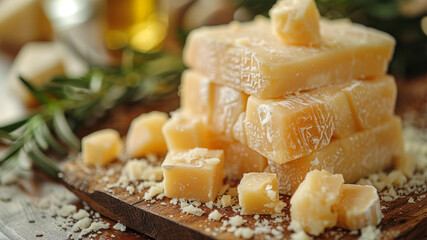 Pieces of delicious parmesan cheese on wooden board, closeup