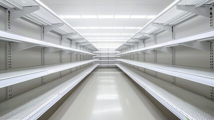 closeup empty white supermarket shelves --ar 16:9 Job ID: a14f486e-f129-4c8e-92c9-7ebbb5e06c70
