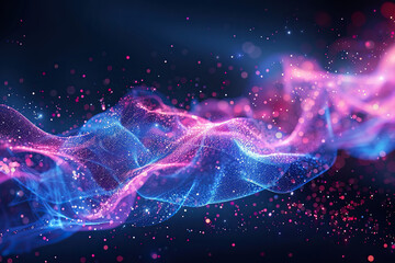 Flow of information in the form of luminous parts. Abstract musical background. Beautiful texture of moving dots with glowing defocused particles. Generated by artificial intelligence