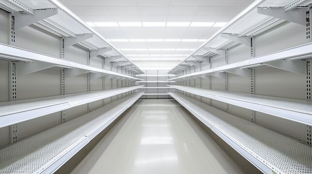 closeup empty white supermarket shelves --ar 16:9 Job ID: a14f486e-f129-4c8e-92c9-7ebbb5e06c70