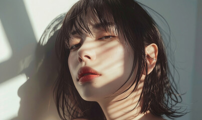Naklejka premium Female Model Facial Photo Dynamic Pose Beauty