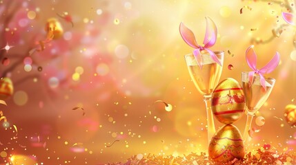 The image shows gold eggs, sandglass and confetti on a blurry background with golden glitter and sparkles. A holiday promotion, shopping discount offer, real 3d modern illustration.