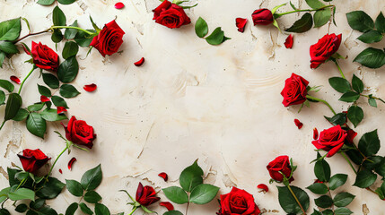 Frame made of beautiful red roses and leaves on light background