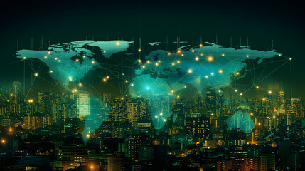 Double exposure global world map on business financial network city background.