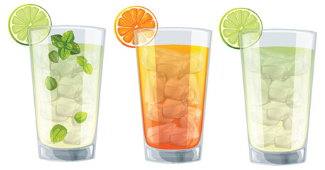 Three glasses of vibrant citrus cocktails