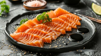 salmon sashimi slices on a black plate with sauce and wasabi